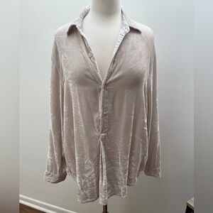 CP Shades Sandy Grey Velvet Pop Over Button Up Blouse